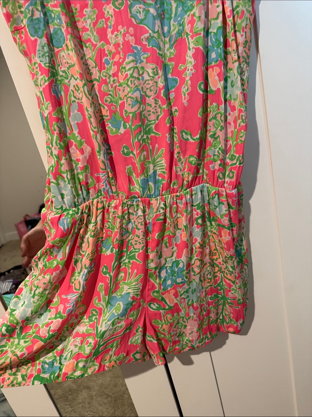 Lilly Pulitzer Coral Pink Floral Romper with Green & Blue Print - Picture 2 of 3